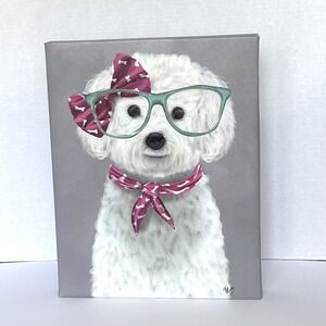 Fab Funky 14"x11" Canvas Wall Art Whimsical Bichon Frise With‎ Glasses Bow Dog